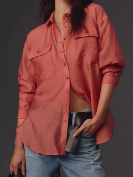 Anthropologie Tops - By Anthropologie Sheer Button Down Shirt Coral Pink Long Sleeve Oversized Size S